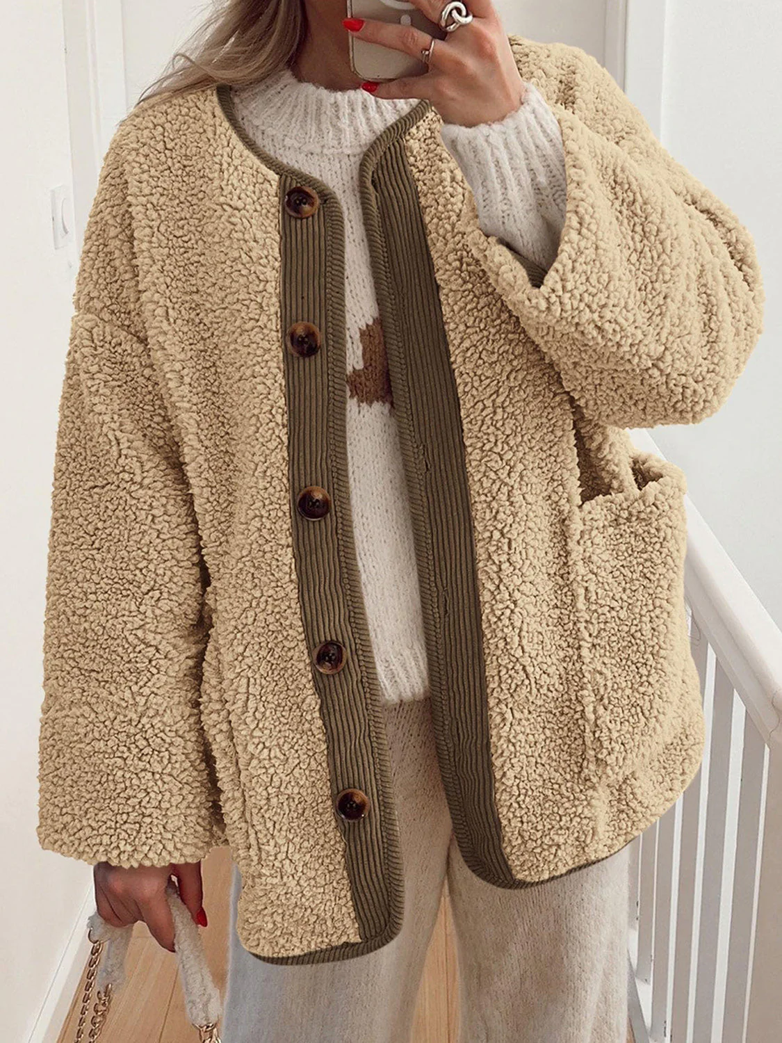 Contrast Button Up Sherpa Jacket with Pockets - Image 9