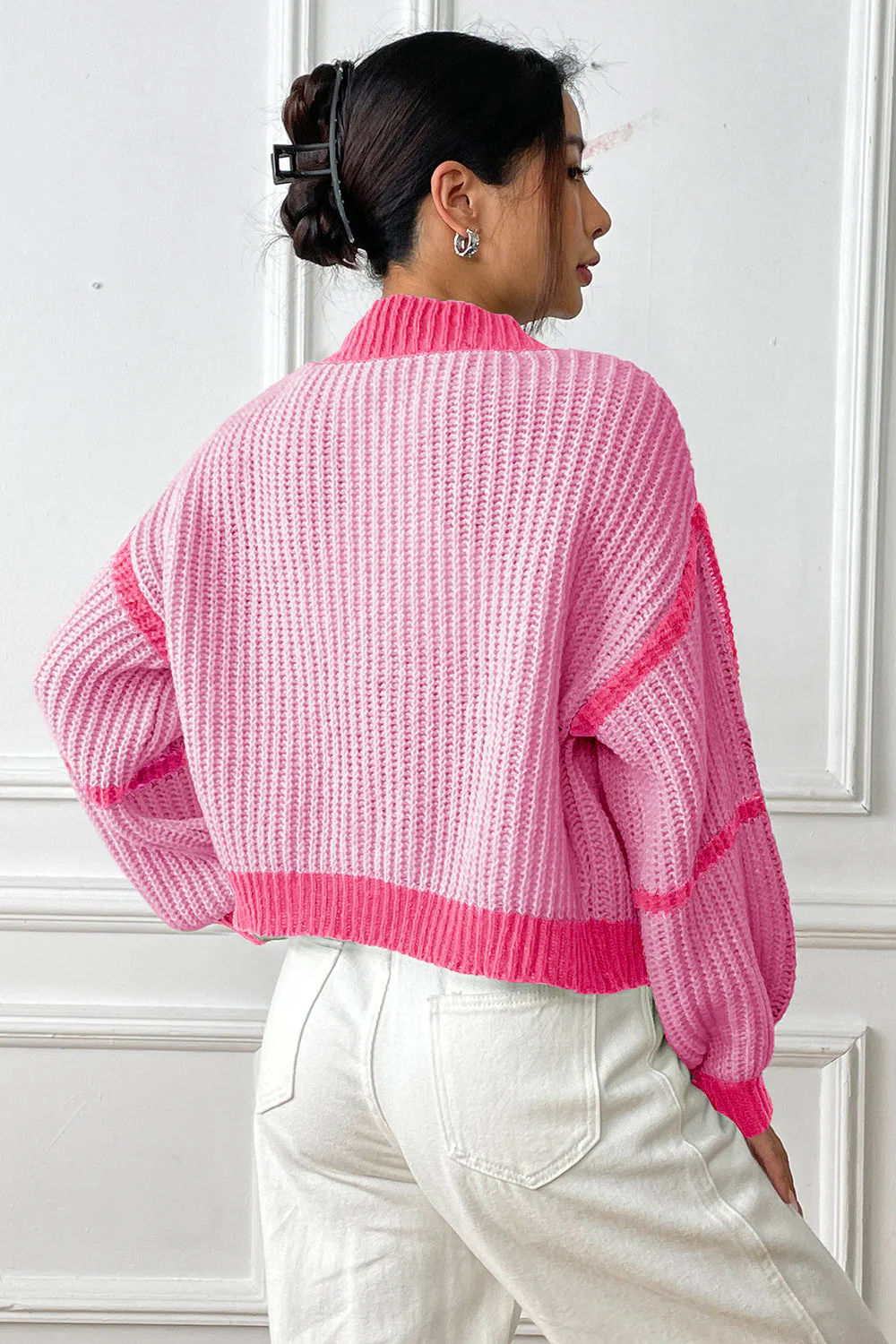 Contrast Open Front Long Sleeve Cardigan - Image 10