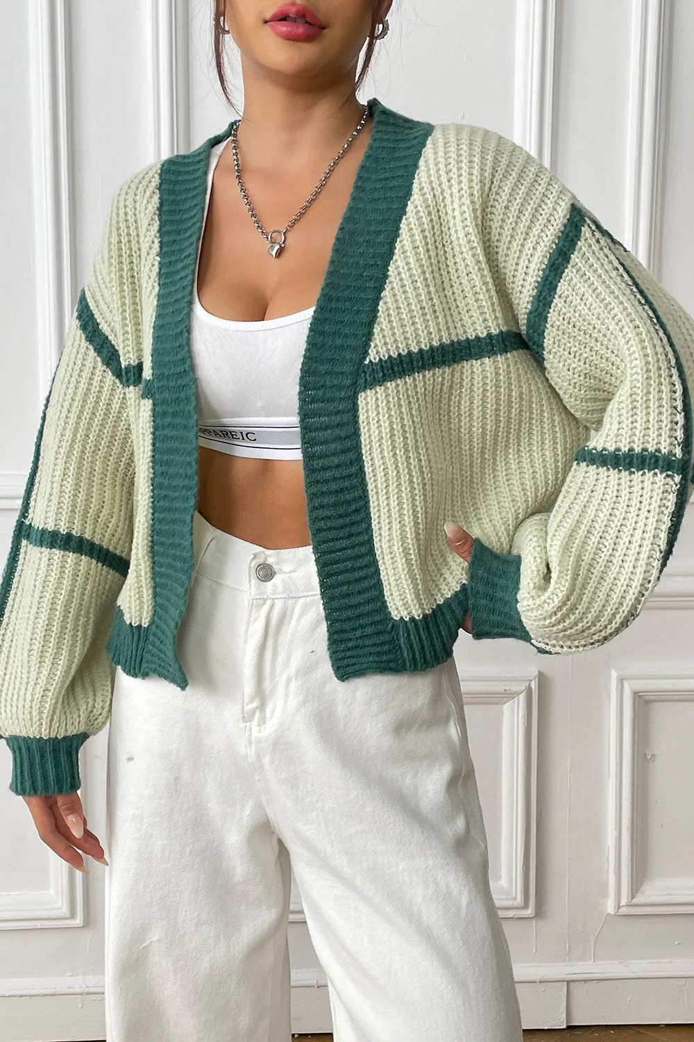 Contrast Open Front Long Sleeve Cardigan - Image 4
