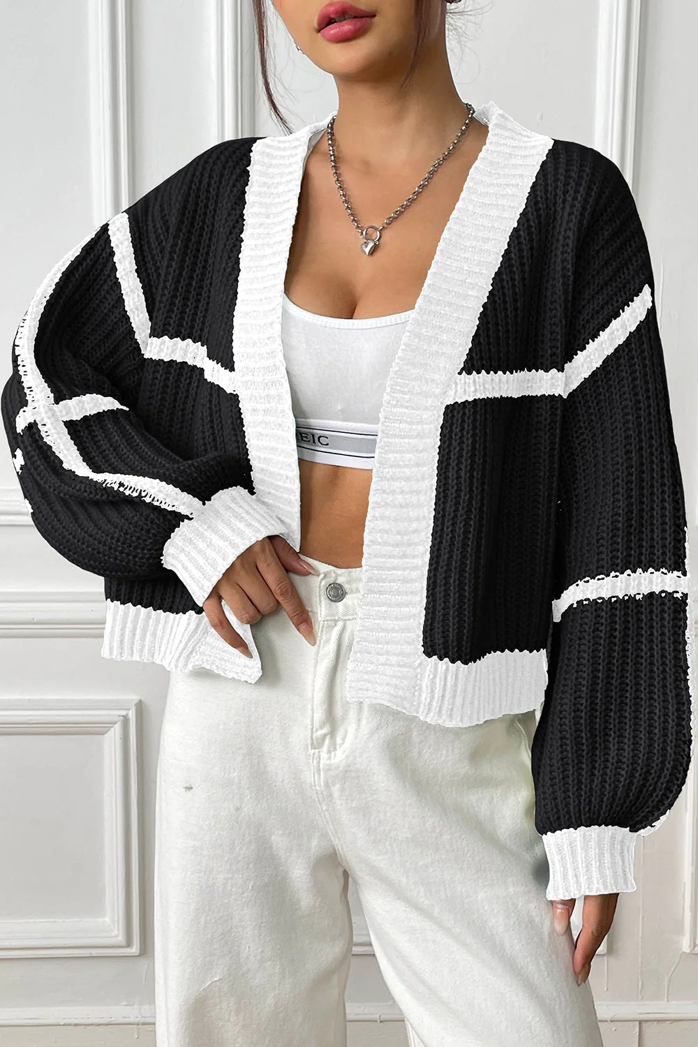 Contrast Open Front Long Sleeve Cardigan - Image 5