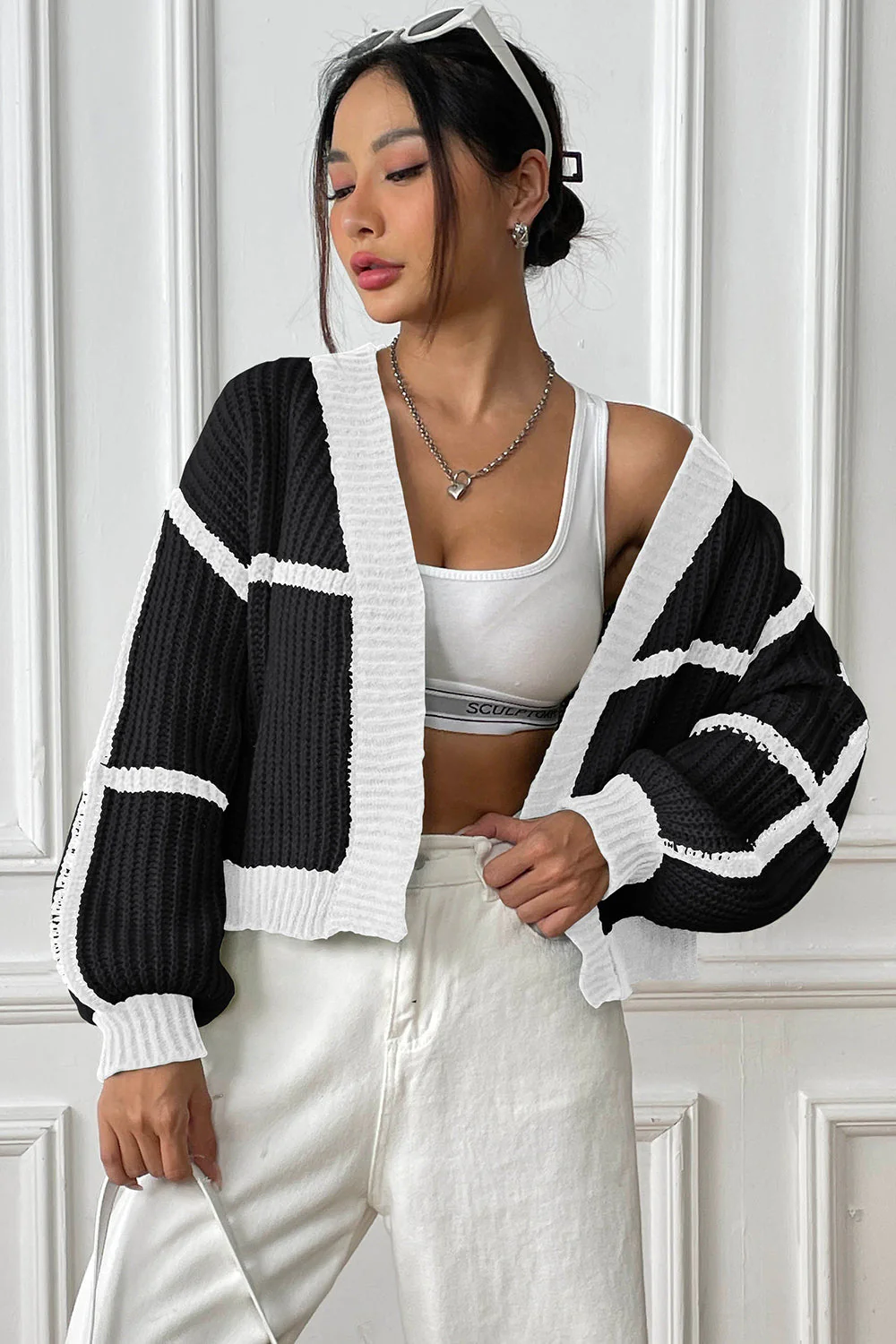 Contrast Open Front Long Sleeve Cardigan - Image 6