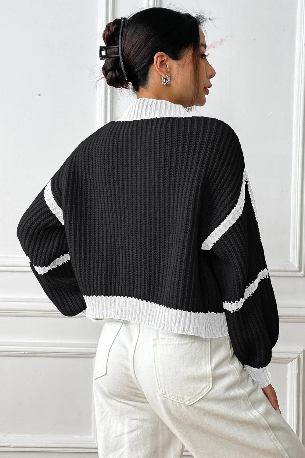 Contrast Open Front Long Sleeve Cardigan - Image 7
