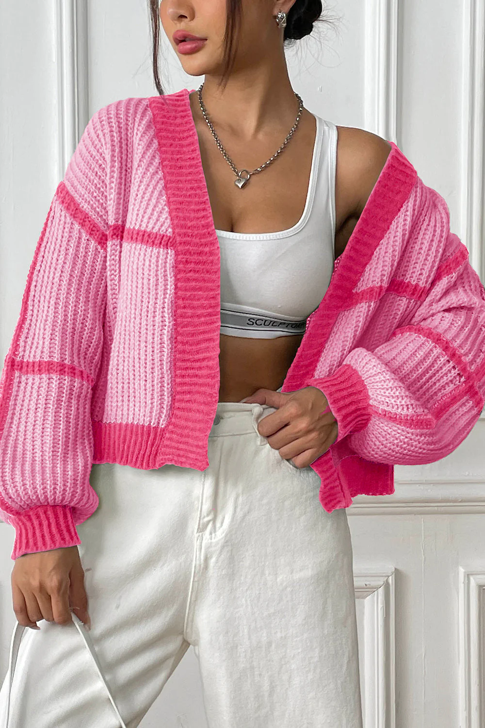 Contrast Open Front Long Sleeve Cardigan - Image 9
