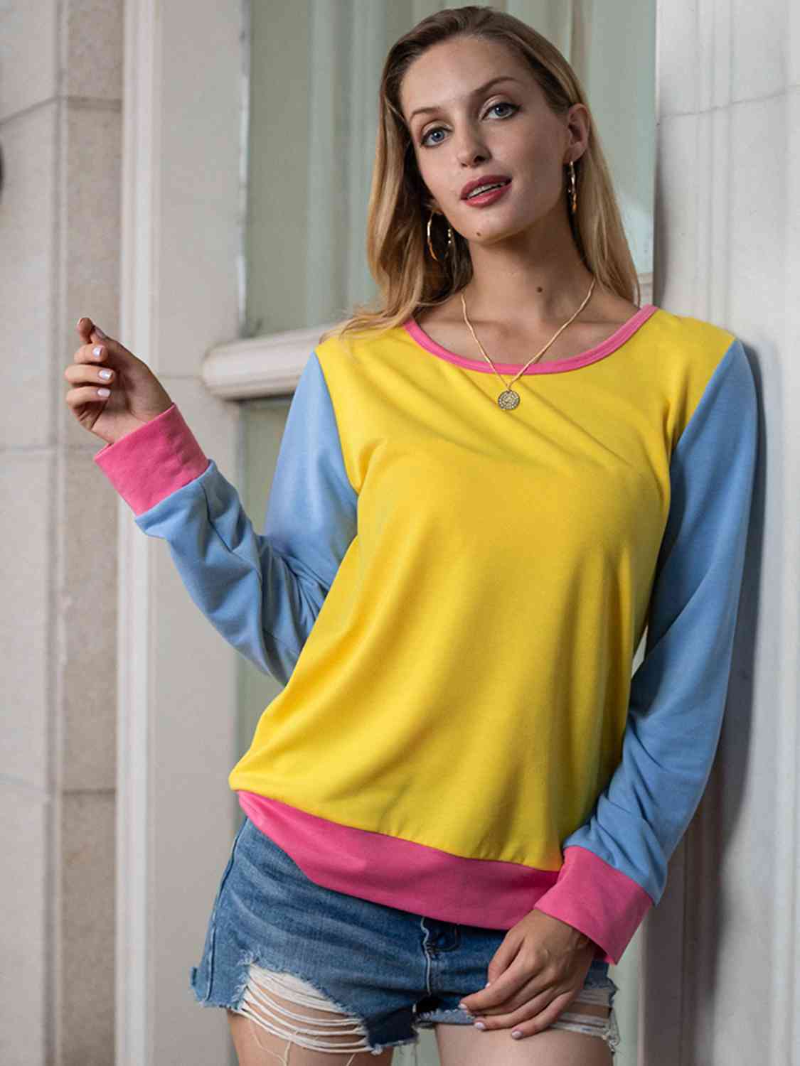 Contrast Round Neck Long Sleeve Top - Image 4