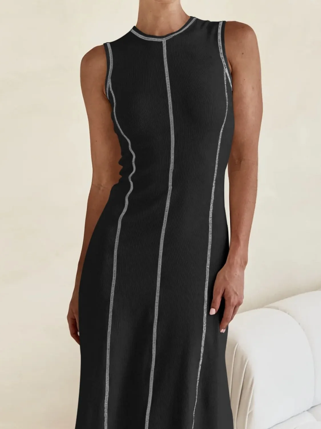 Contrast Stitching Round Neck Sleeveless Midi Dress - Image 10
