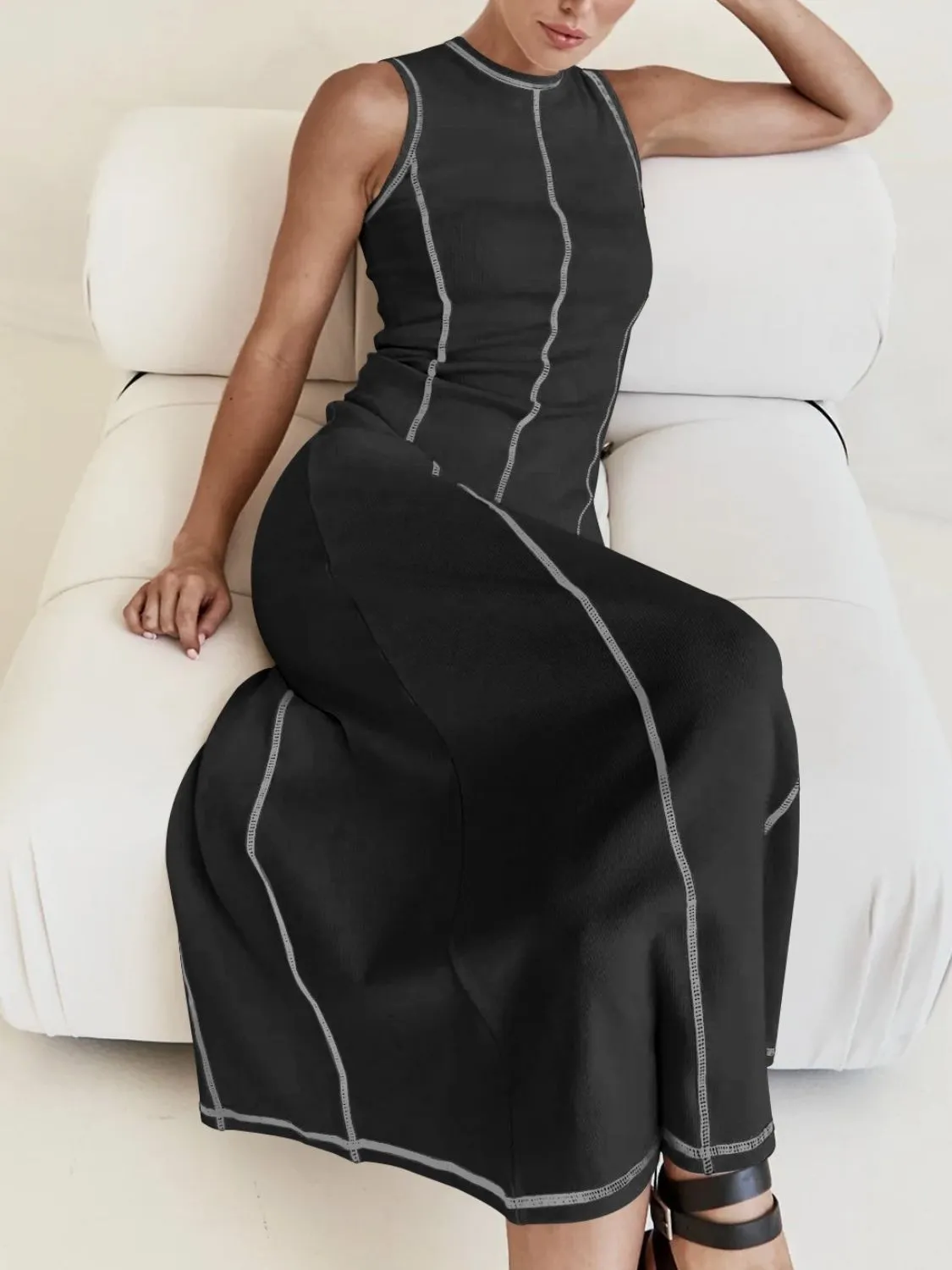 Contrast Stitching Round Neck Sleeveless Midi Dress - Image 11