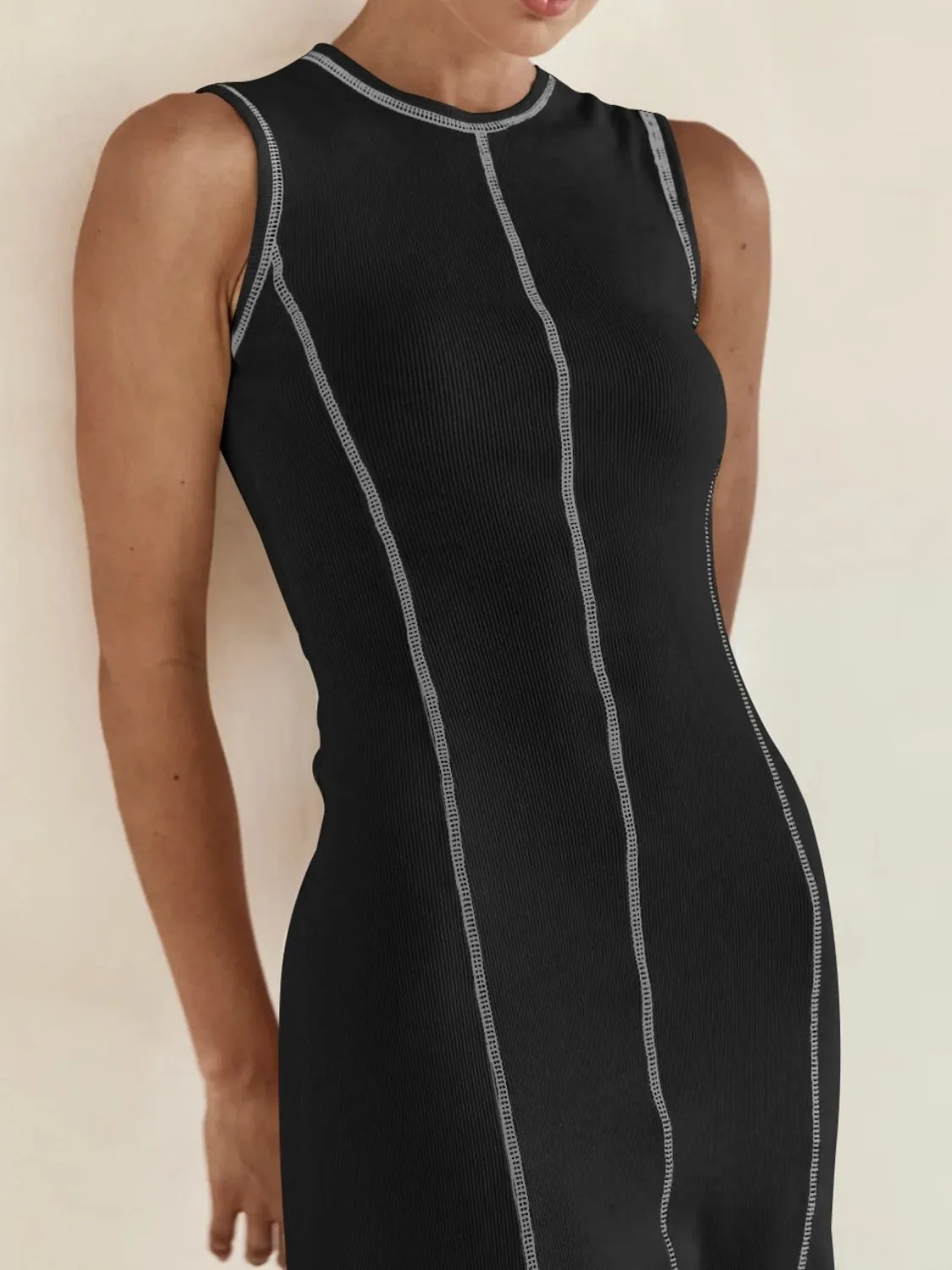 Contrast Stitching Round Neck Sleeveless Midi Dress - Image 13