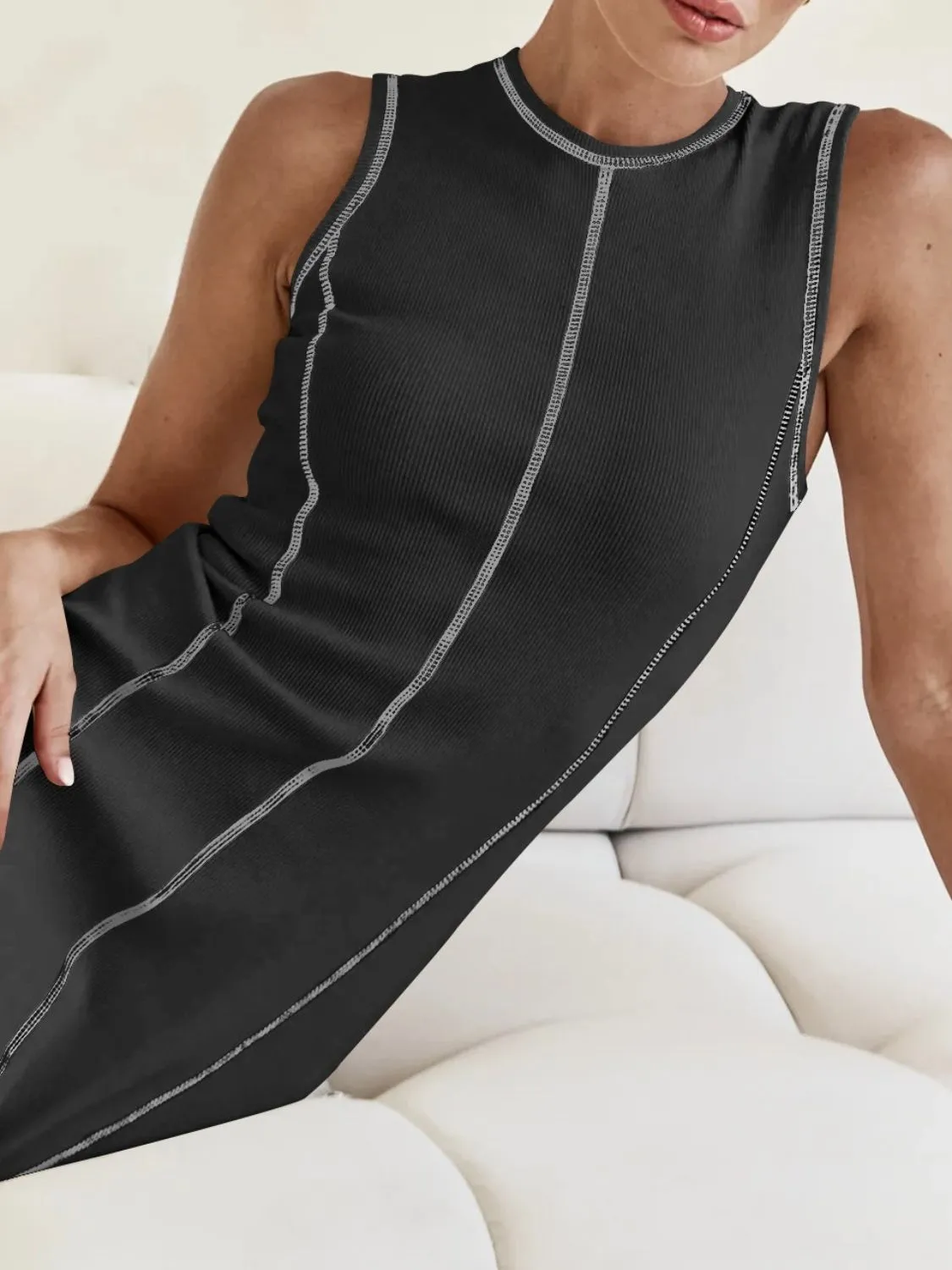 Contrast Stitching Round Neck Sleeveless Midi Dress - Image 14