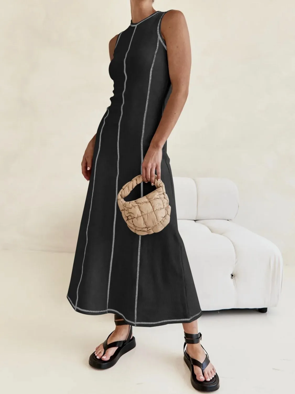 Contrast Stitching Round Neck Sleeveless Midi Dress - Image 15