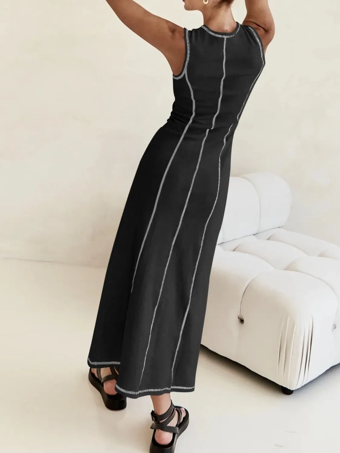 Contrast Stitching Round Neck Sleeveless Midi Dress - Image 17