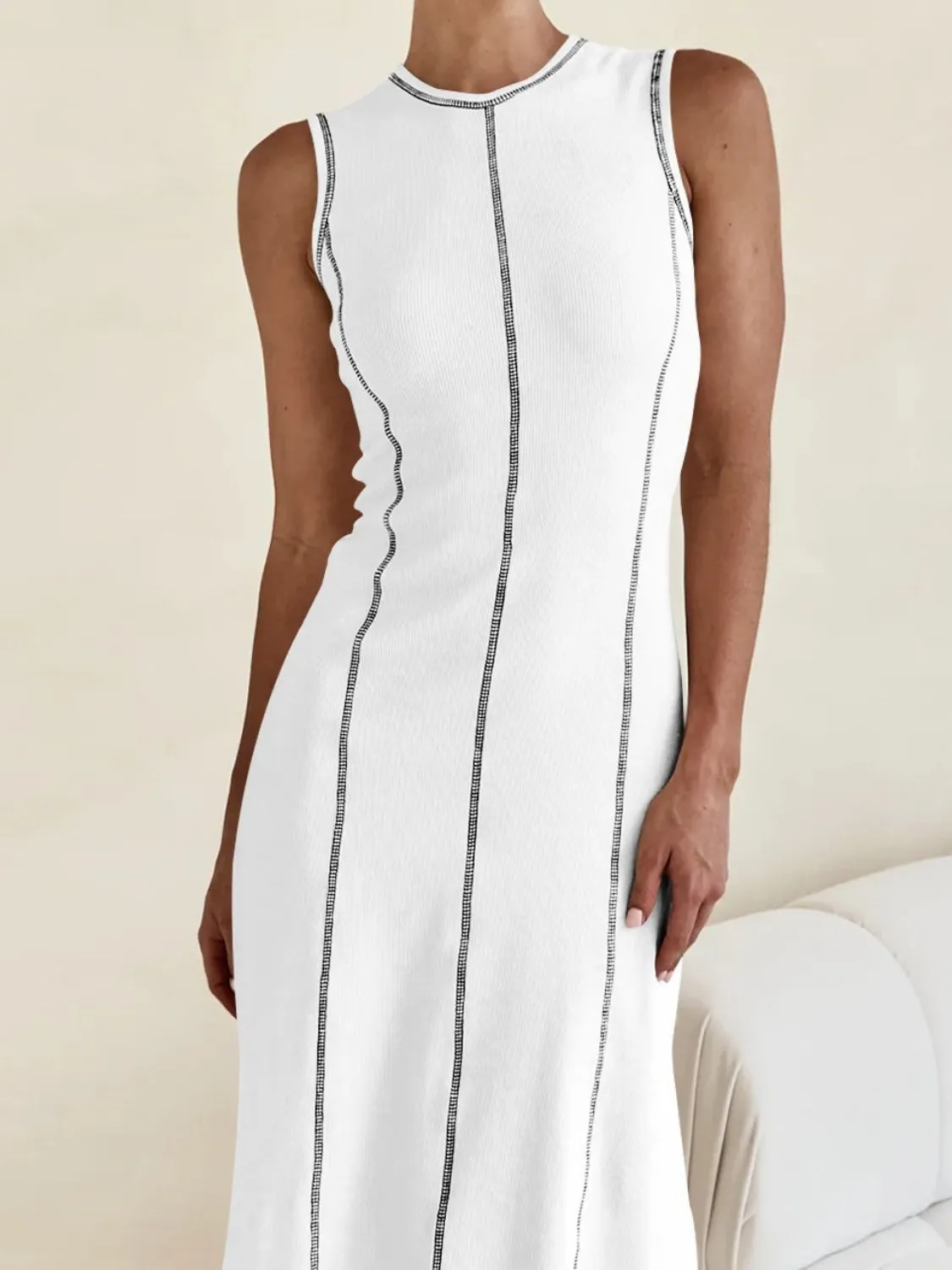 Contrast Stitching Round Neck Sleeveless Midi Dress - Image 18