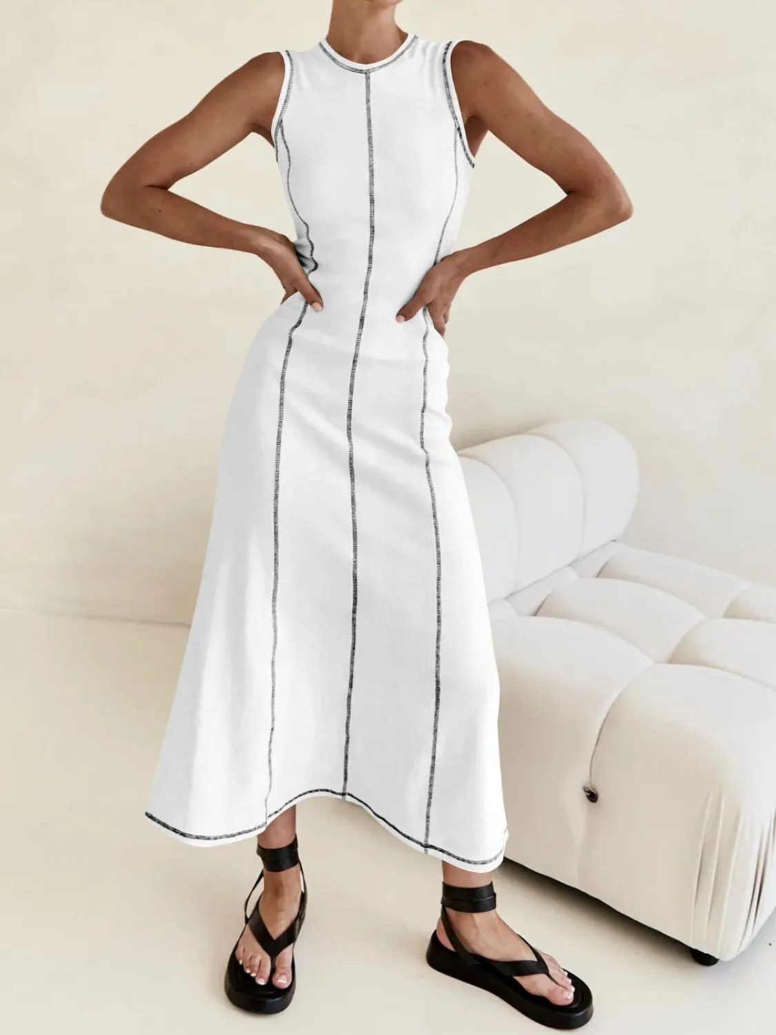 Contrast Stitching Round Neck Sleeveless Midi Dress - Image 19