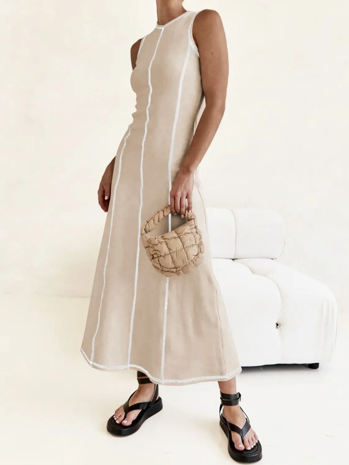 Contrast Stitching Round Neck Sleeveless Midi Dress - Image 2