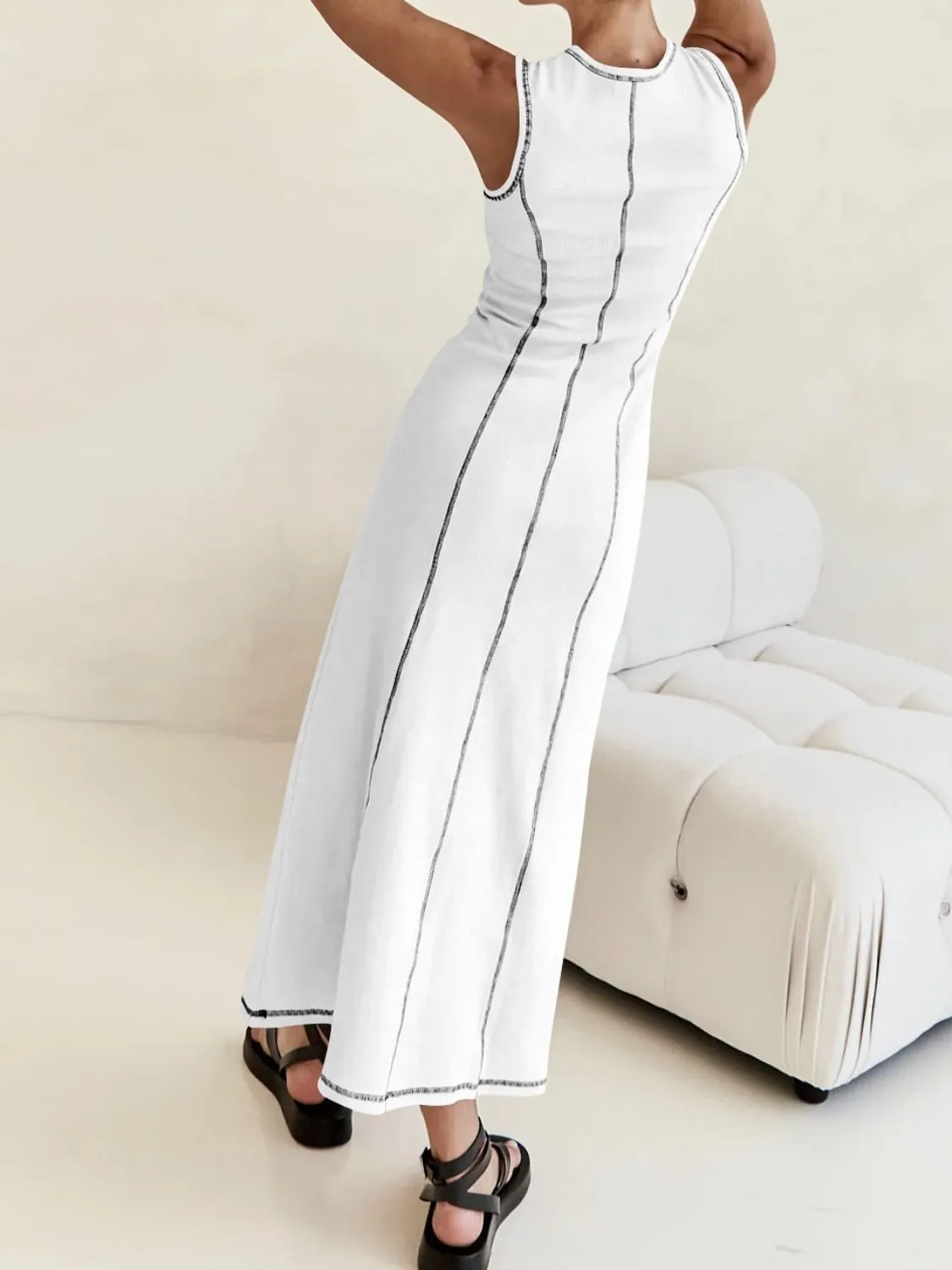 Contrast Stitching Round Neck Sleeveless Midi Dress - Image 20