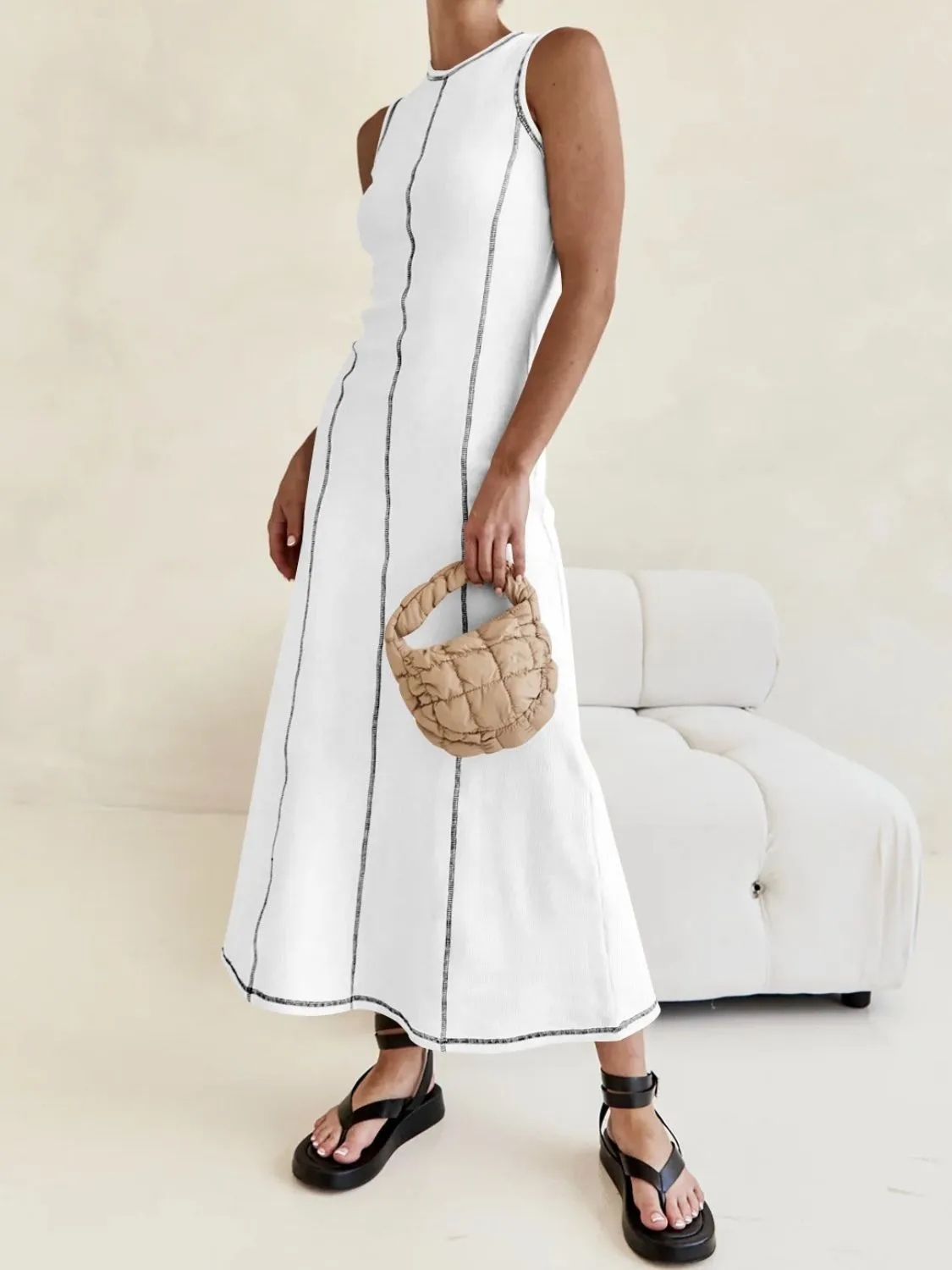 Contrast Stitching Round Neck Sleeveless Midi Dress - Image 21