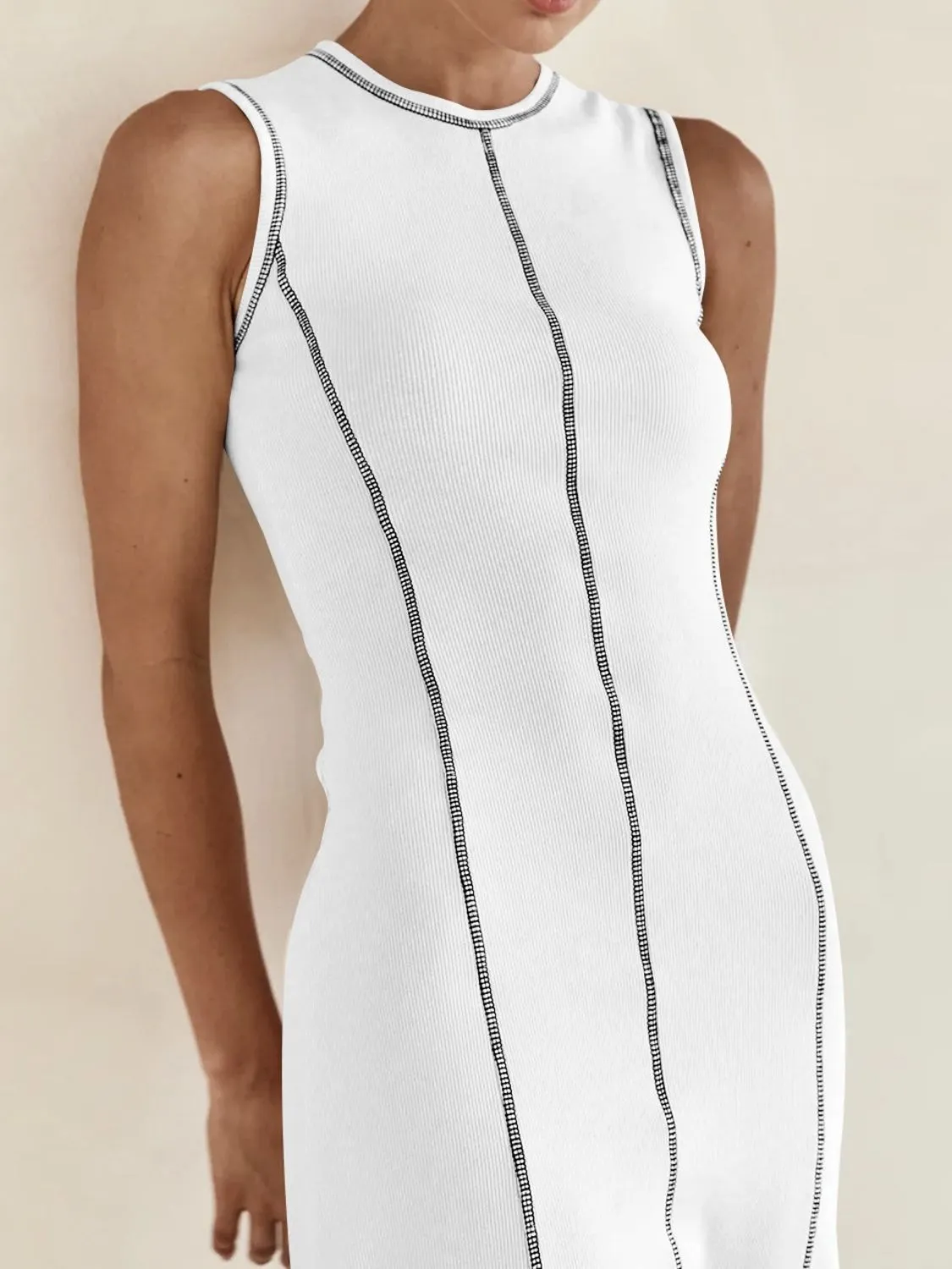 Contrast Stitching Round Neck Sleeveless Midi Dress - Image 22