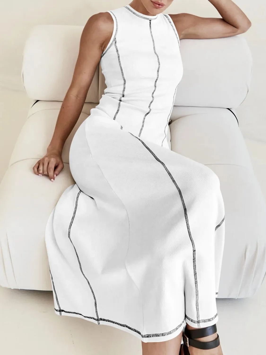 Contrast Stitching Round Neck Sleeveless Midi Dress - Image 23