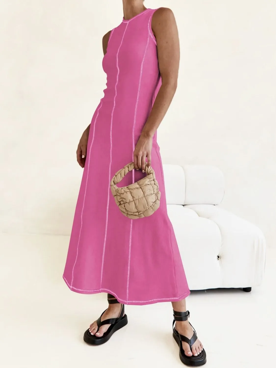 Contrast Stitching Round Neck Sleeveless Midi Dress - Image 27