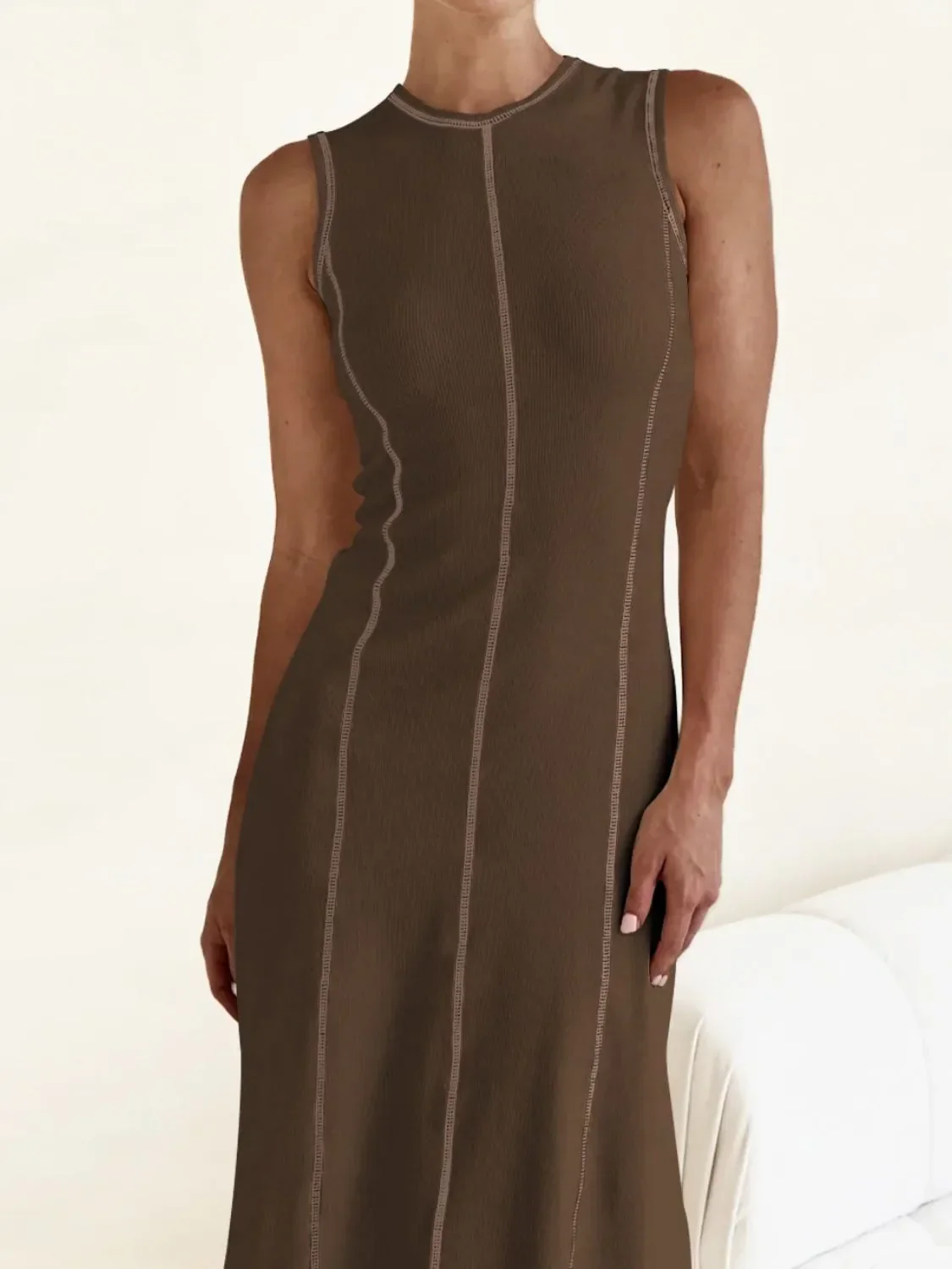 Contrast Stitching Round Neck Sleeveless Midi Dress - Image 29