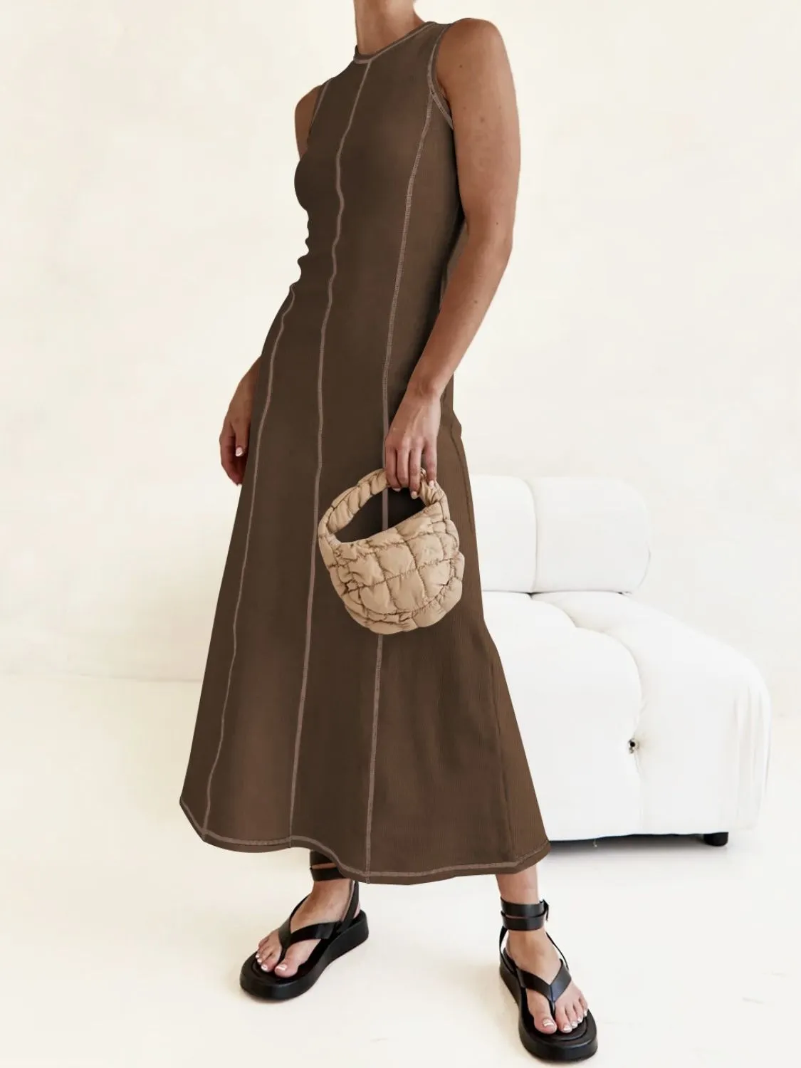 Contrast Stitching Round Neck Sleeveless Midi Dress - Image 33