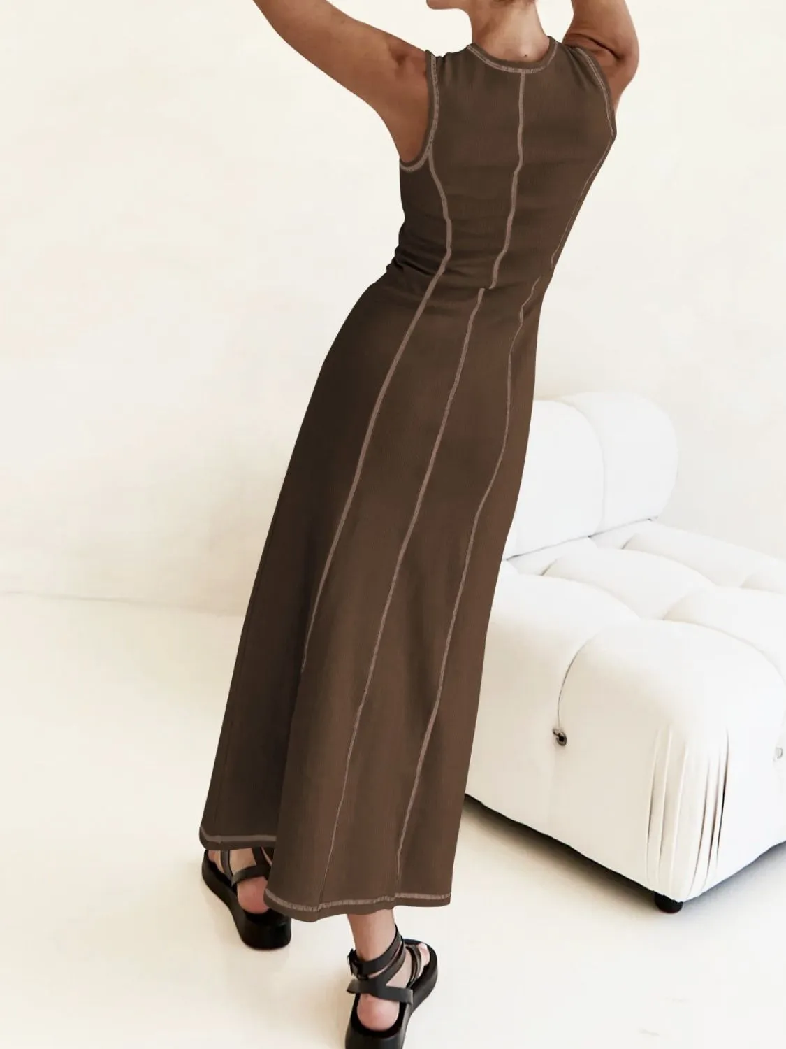 Contrast Stitching Round Neck Sleeveless Midi Dress - Image 34