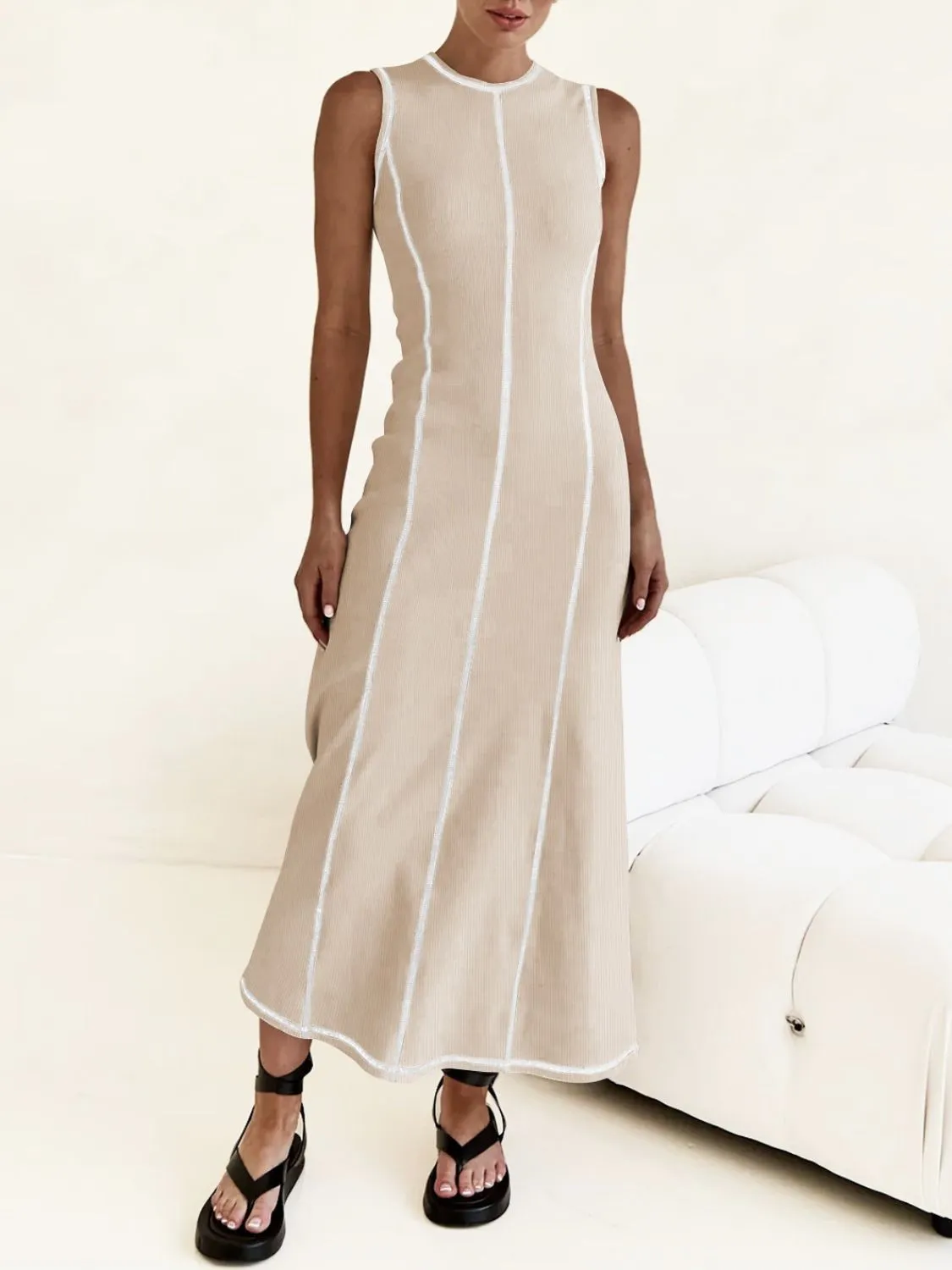 Contrast Stitching Round Neck Sleeveless Midi Dress - Image 7
