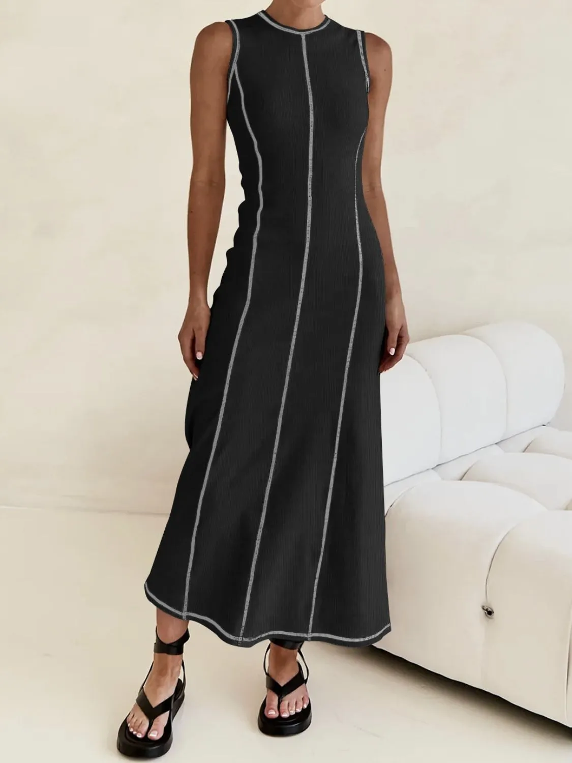 Contrast Stitching Round Neck Sleeveless Midi Dress - Image 9