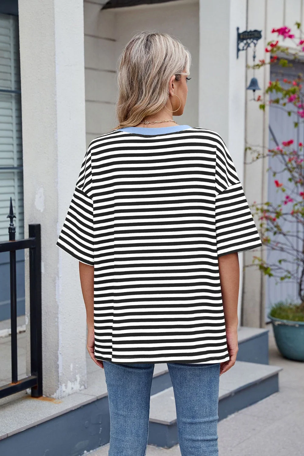 Contrast Striped Round Neck Half Sleeve T-Shirt - Image 10
