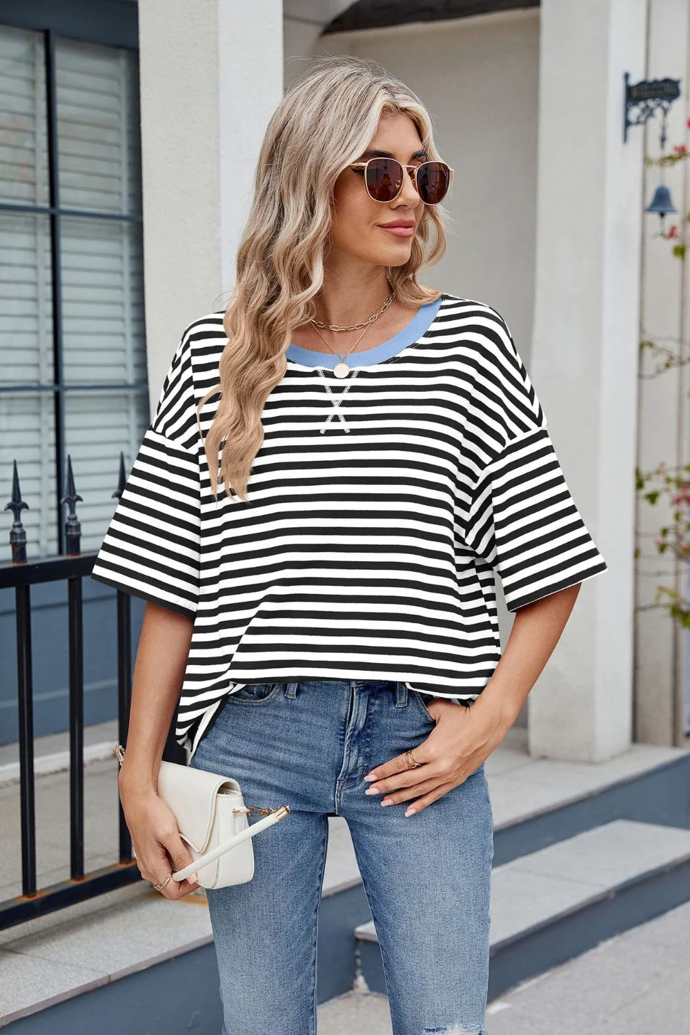 Contrast Striped Round Neck Half Sleeve T-Shirt - Image 6