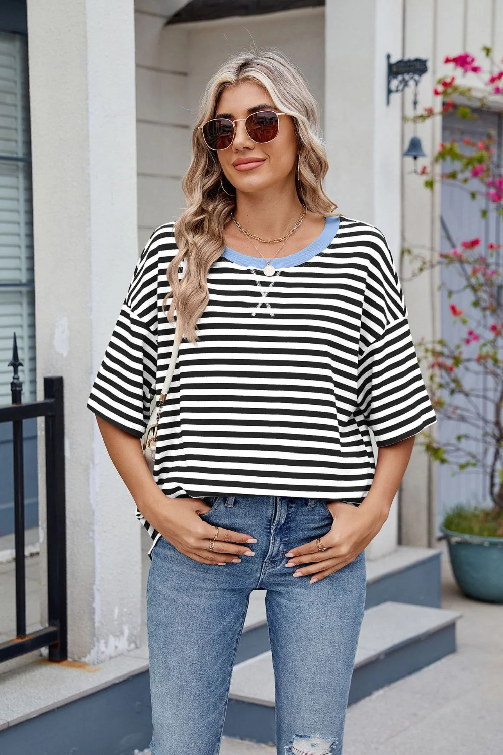 Contrast Striped Round Neck Half Sleeve T-Shirt - Image 7