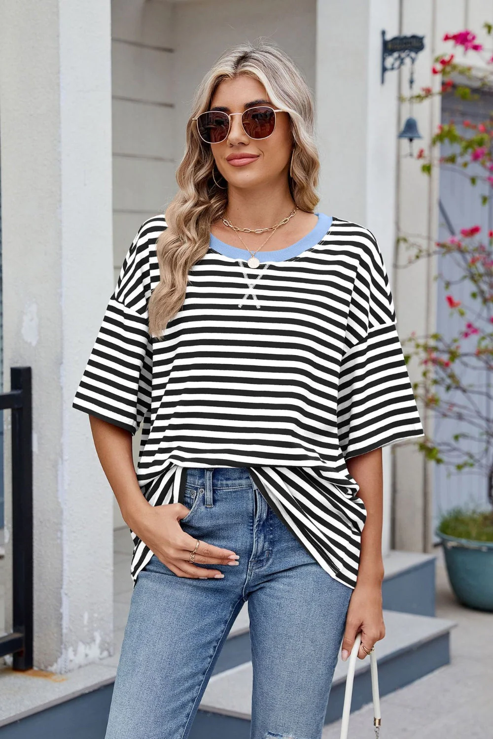 Contrast Striped Round Neck Half Sleeve T-Shirt - Image 8