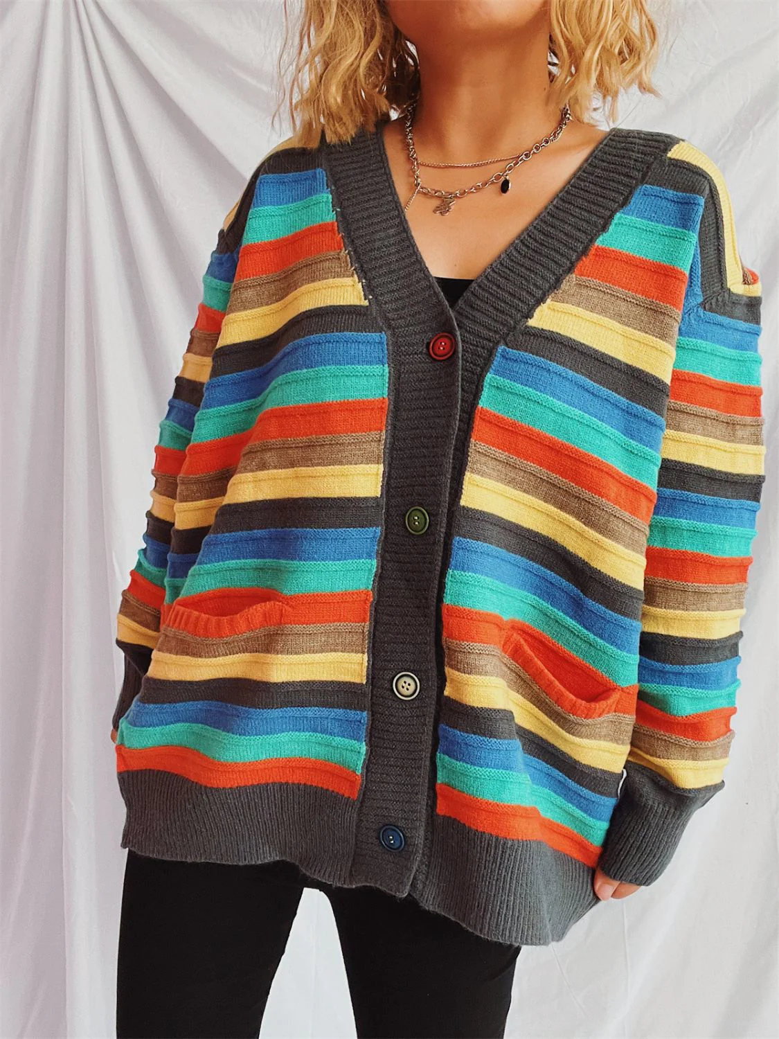 Contrast Stripes Button Up Long Sleeve Cardigan - Image 10