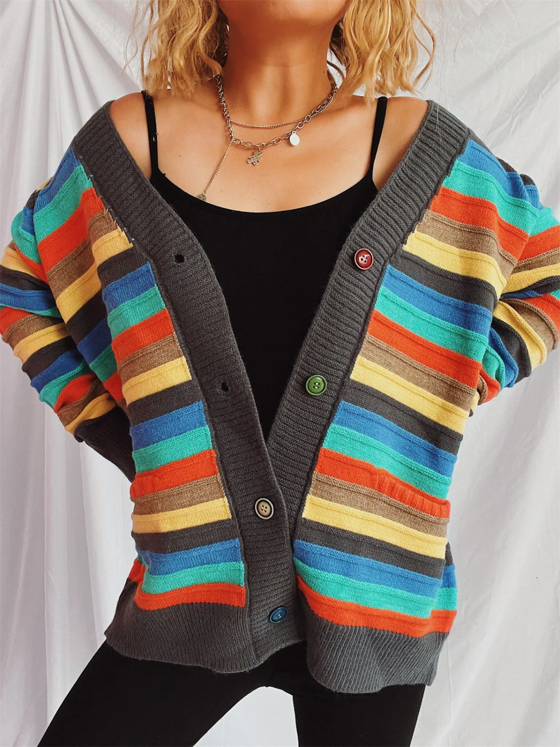 Contrast Stripes Button Up Long Sleeve Cardigan - Image 11
