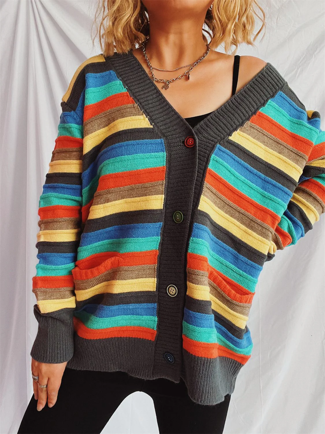 Contrast Stripes Button Up Long Sleeve Cardigan - Image 12