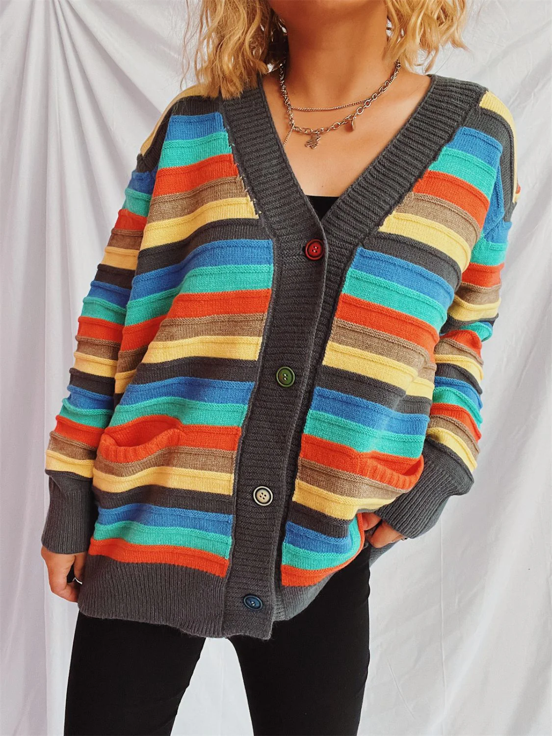 Contrast Stripes Button Up Long Sleeve Cardigan - Image 13