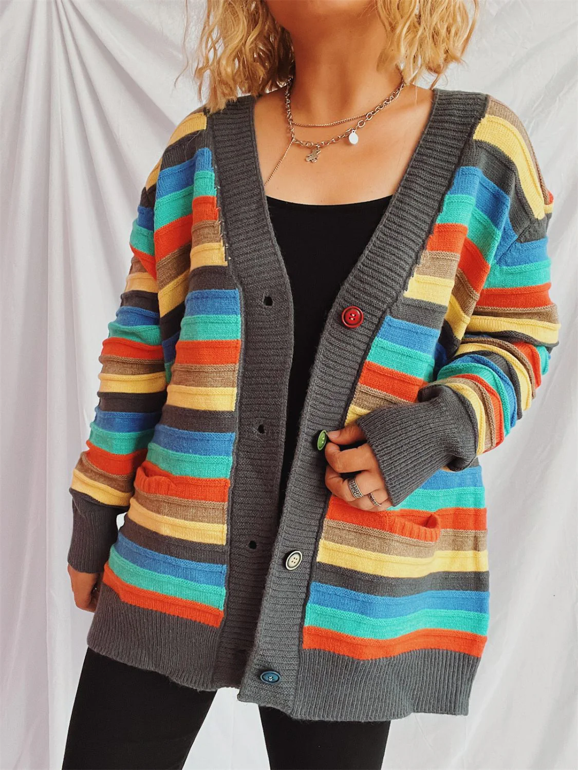 Contrast Stripes Button Up Long Sleeve Cardigan - Image 14