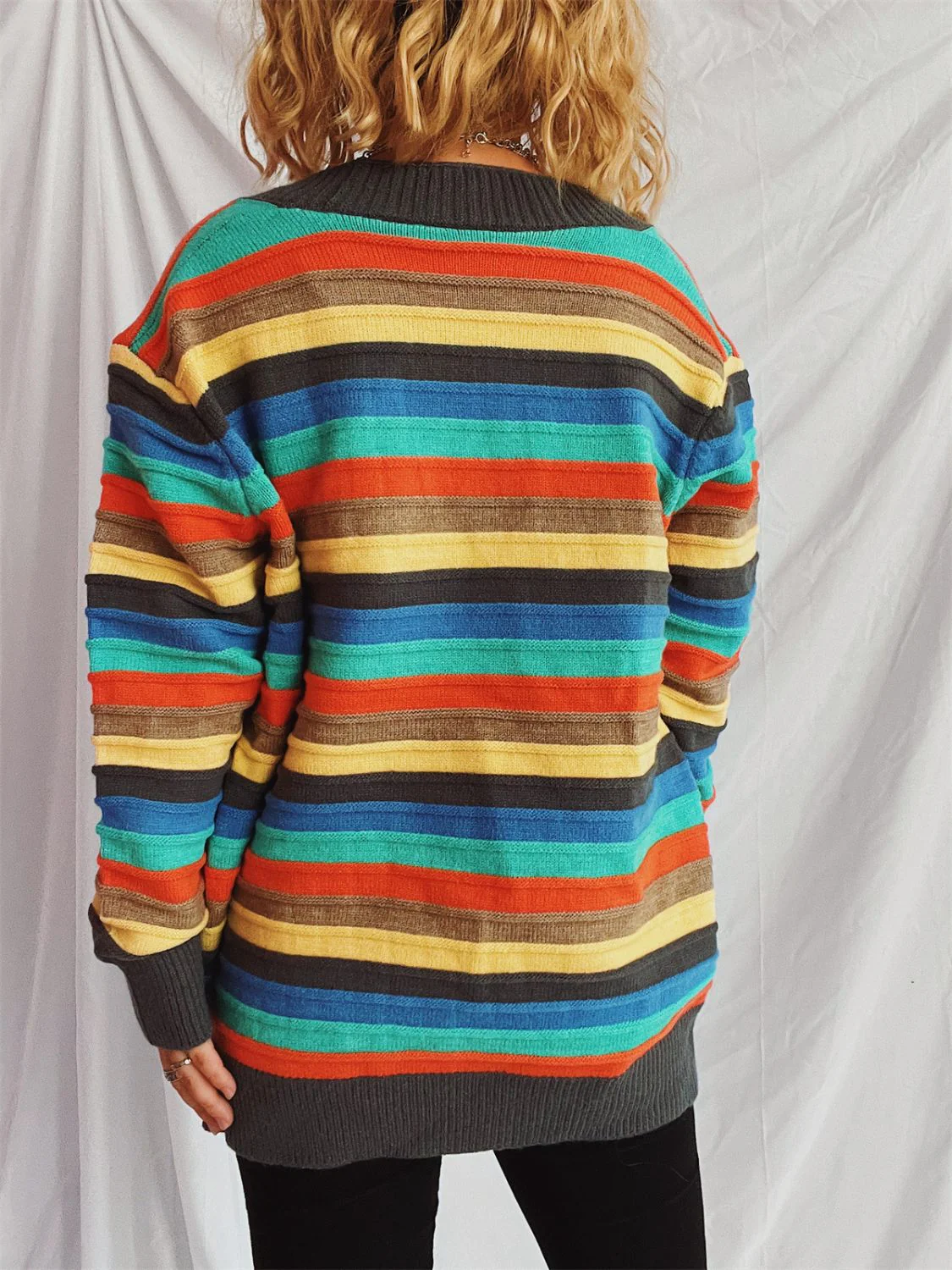 Contrast Stripes Button Up Long Sleeve Cardigan - Image 15