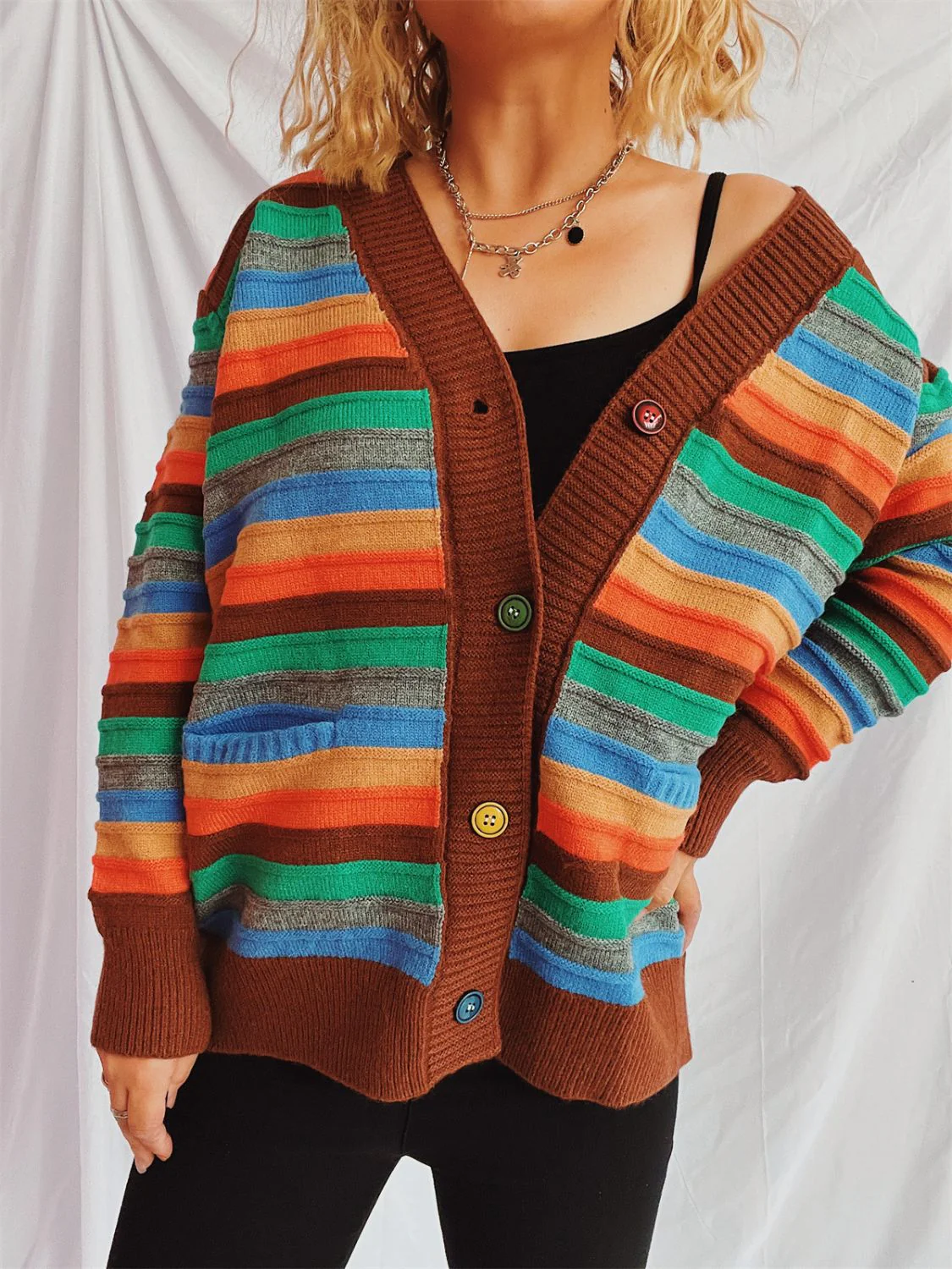 Contrast Stripes Button Up Long Sleeve Cardigan - Image 16