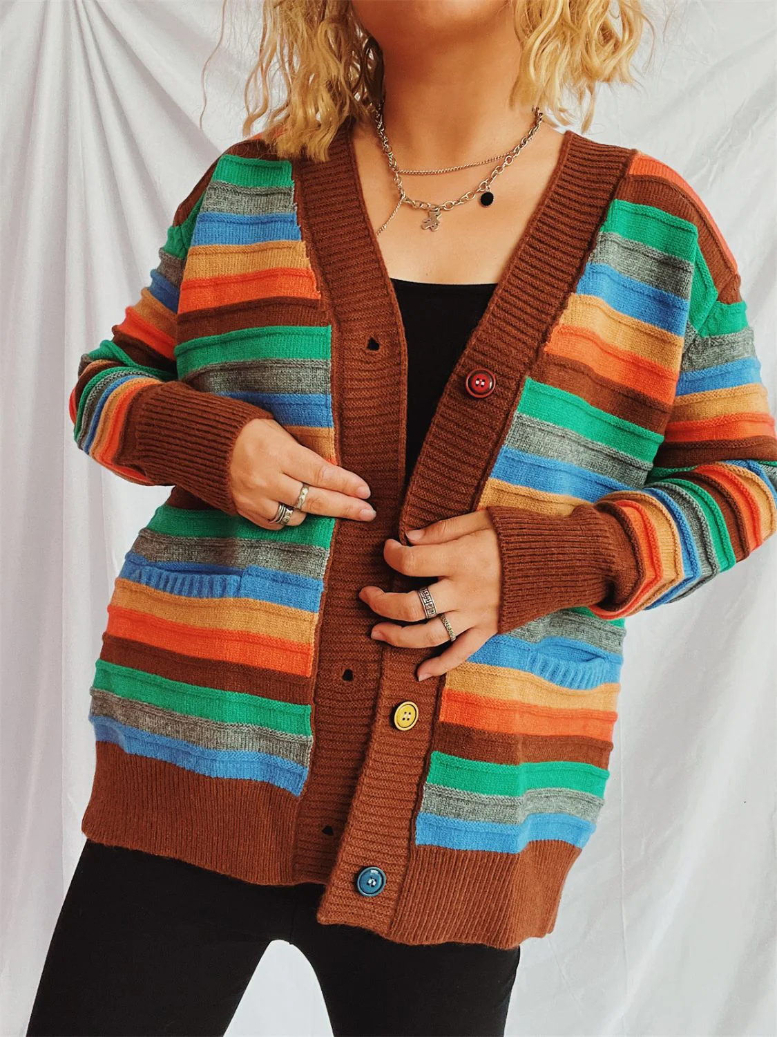 Contrast Stripes Button Up Long Sleeve Cardigan - Image 17