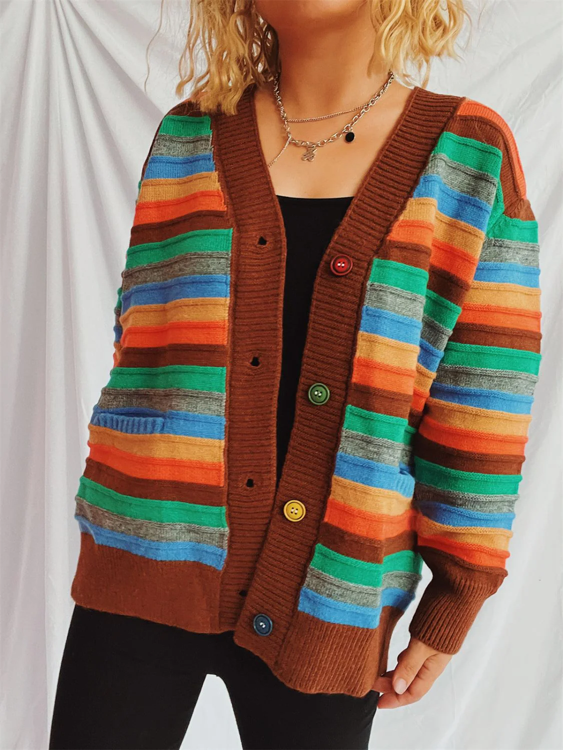 Contrast Stripes Button Up Long Sleeve Cardigan - Image 18