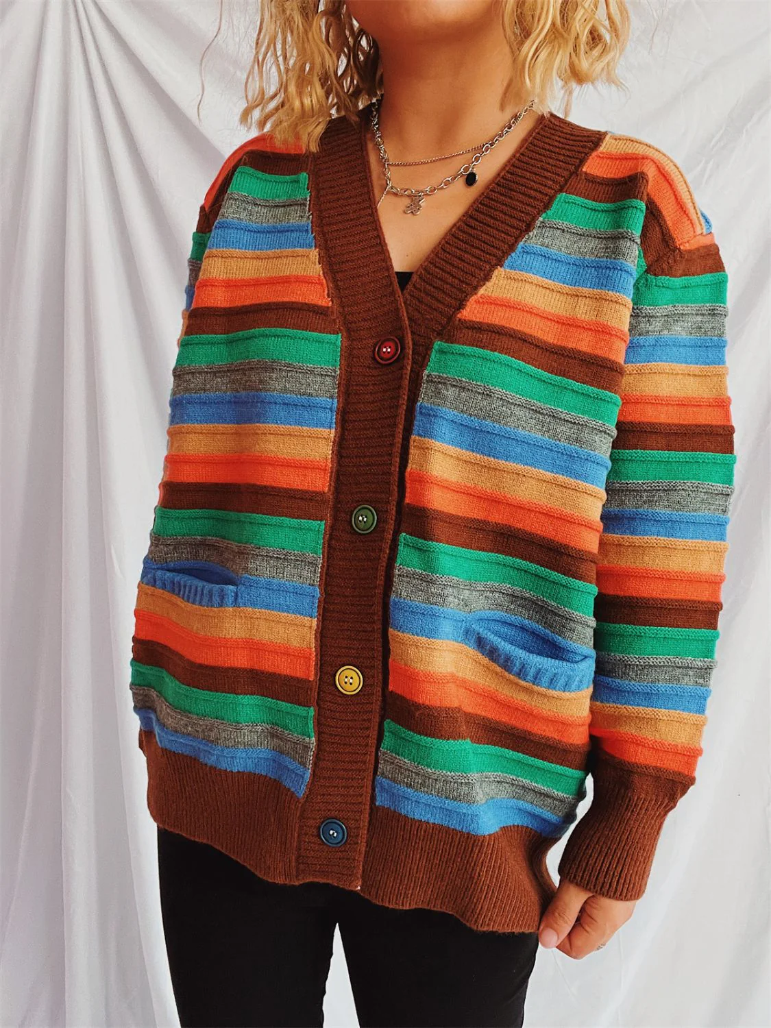 Contrast Stripes Button Up Long Sleeve Cardigan - Image 19
