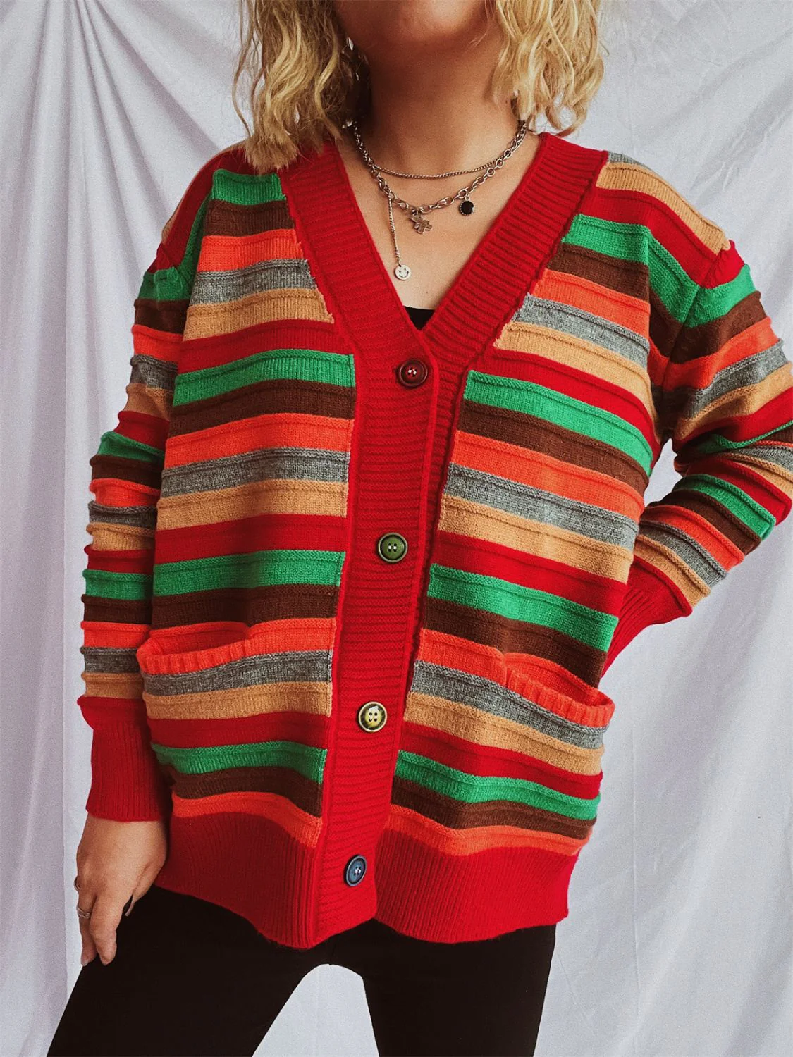 Contrast Stripes Button Up Long Sleeve Cardigan - Image 2