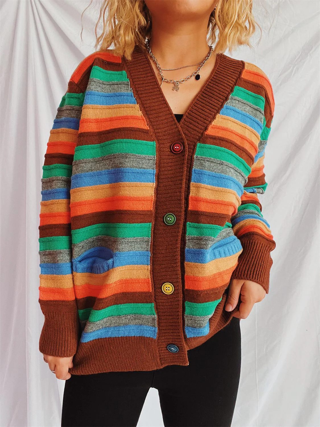Contrast Stripes Button Up Long Sleeve Cardigan - Image 20