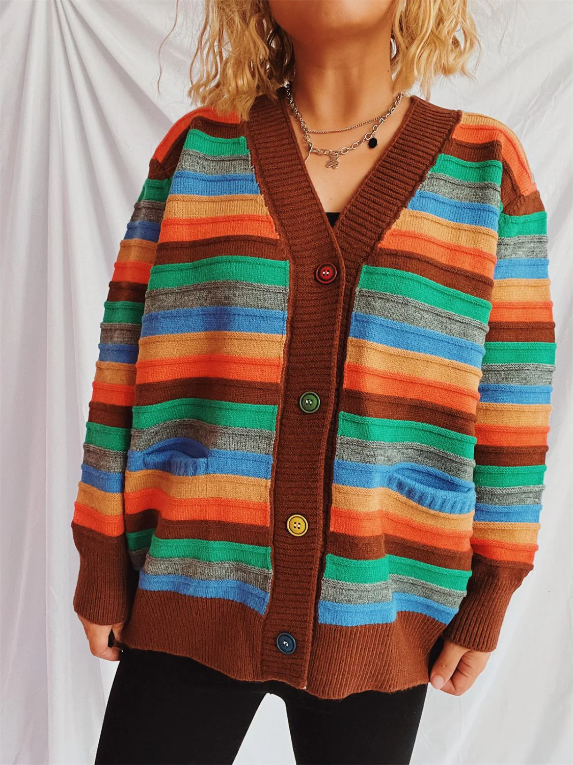 Contrast Stripes Button Up Long Sleeve Cardigan - Image 21