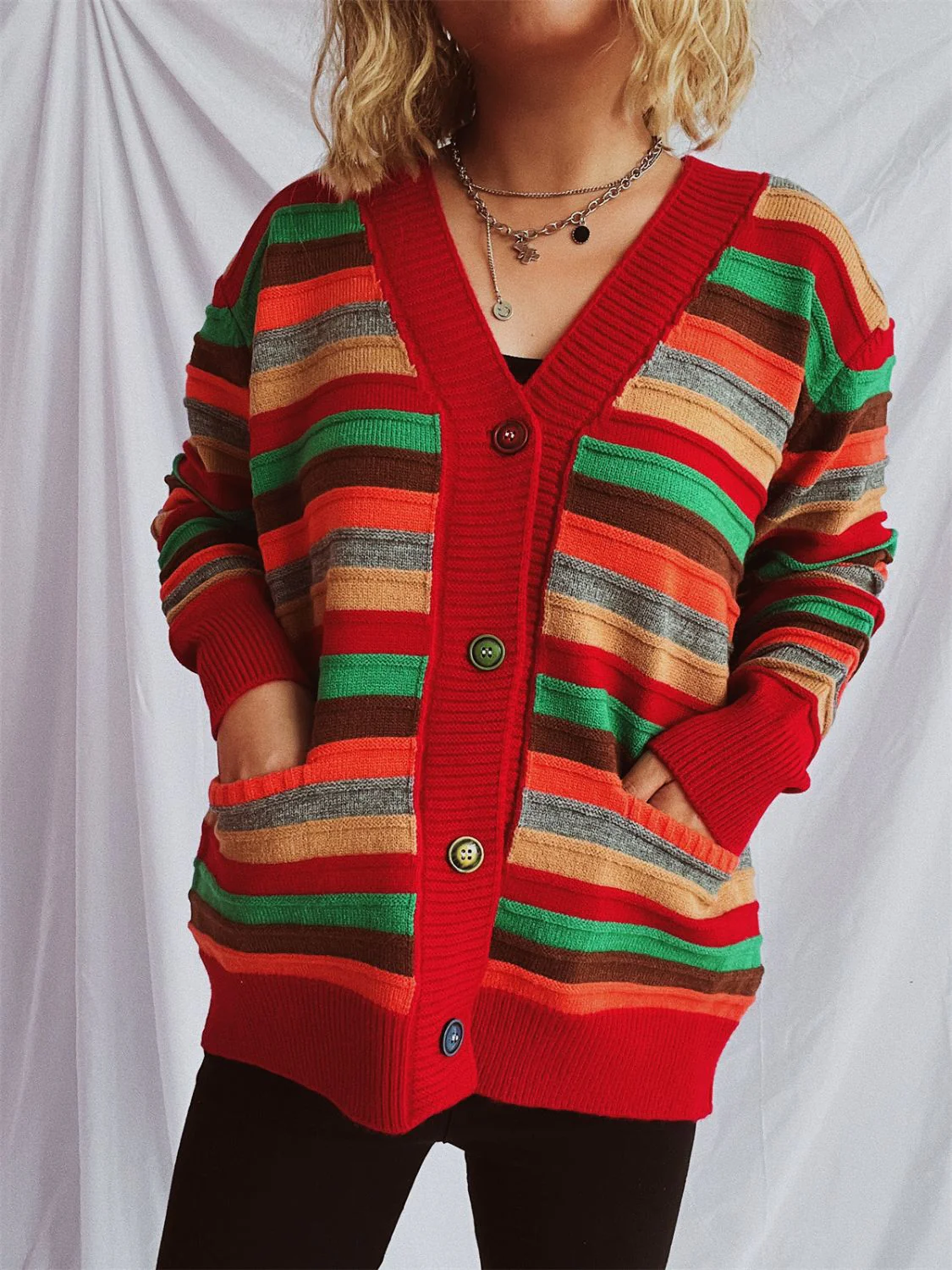 Contrast Stripes Button Up Long Sleeve Cardigan - Image 3
