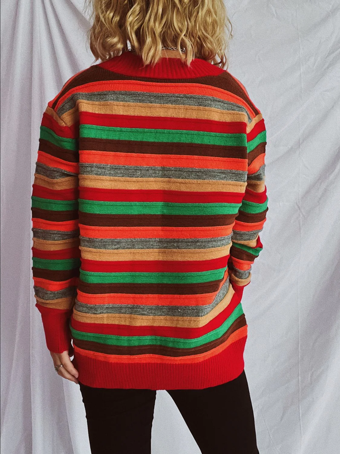 Contrast Stripes Button Up Long Sleeve Cardigan - Image 4