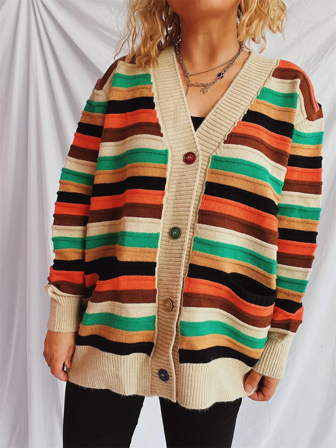 Contrast Stripes Button Up Long Sleeve Cardigan - Image 5