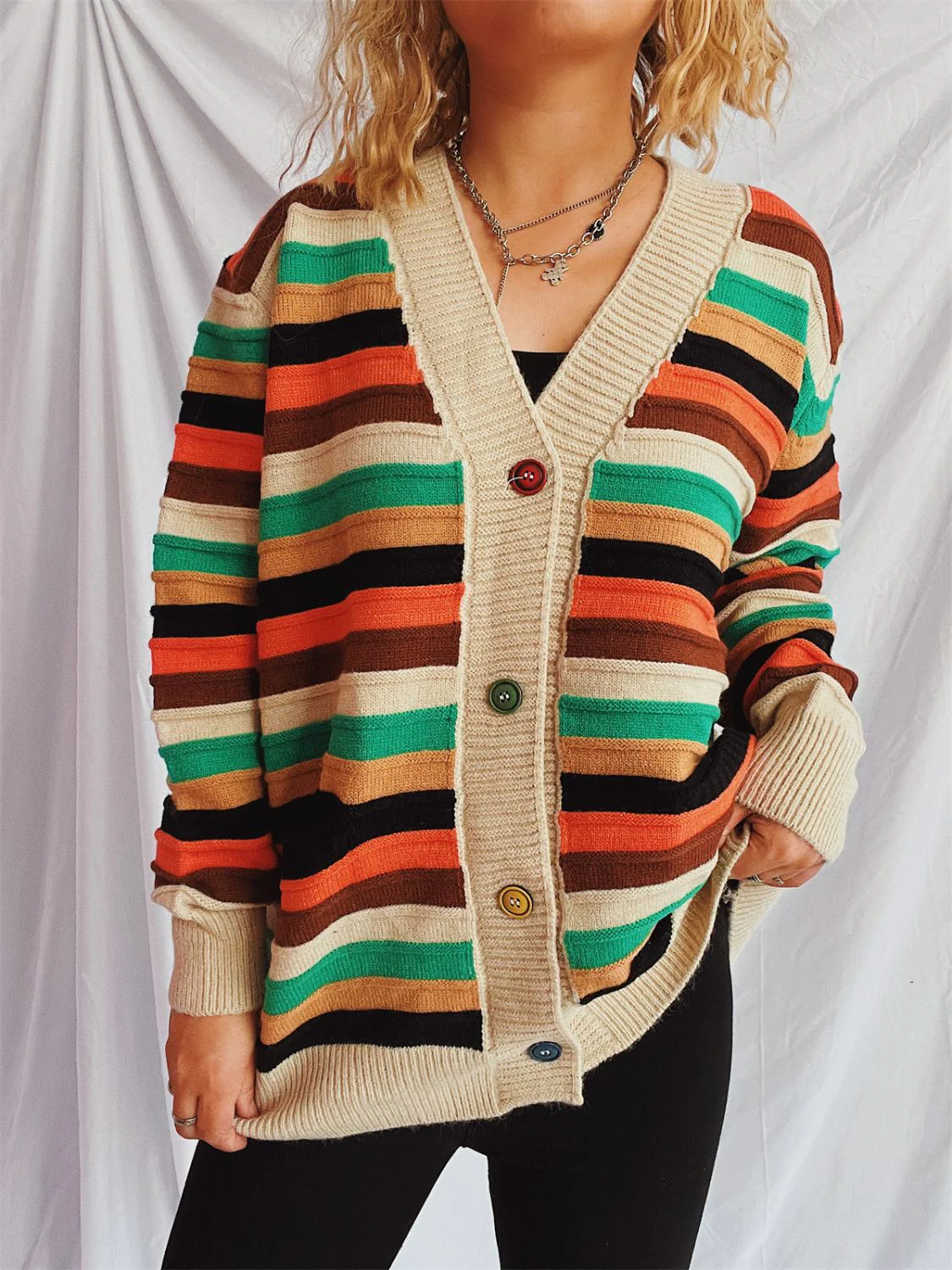 Contrast Stripes Button Up Long Sleeve Cardigan - Image 6