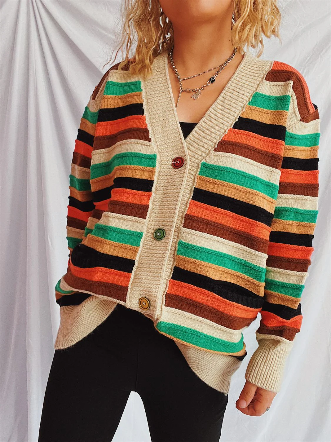 Contrast Stripes Button Up Long Sleeve Cardigan - Image 7