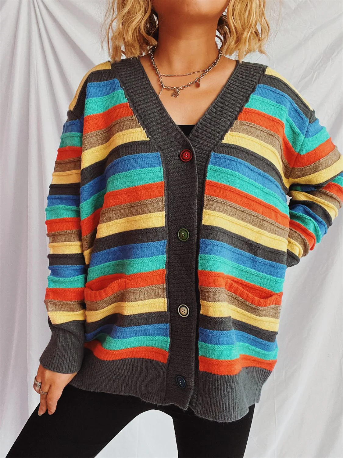 Contrast Stripes Button Up Long Sleeve Cardigan - Image 9